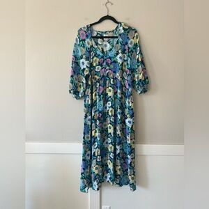 GAP Maternity Floral Midi Dress XL – Balloon Sleeve Button Front Garden Print